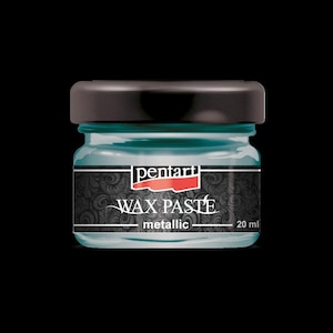May include: A small glass jar of teal metallic wax paste with a black lid. The label reads "pentart WAX PASTE metallic" and indicates a volume of 20 ml.