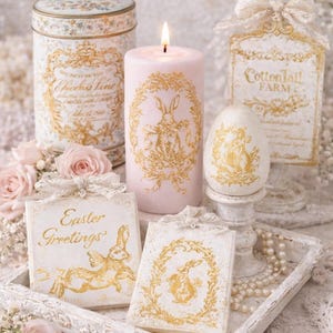 May include: An Easter-themed display featuring a lit pink candle with a gold rabbit design, a decorative tin, and Easter greeting signs. The display includes an egg on a stand and a tray with pearls and roses.