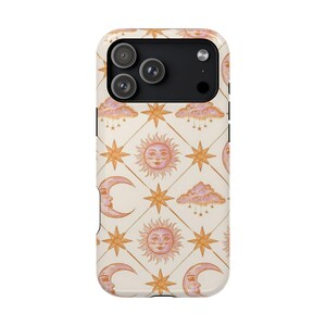 May include: A smartphone case featuring a repeating diamond grid pattern filled with watercolor illustrations of smiling suns, crescent moons, stars, and pink clouds. The background is a light cream color with gold-toned lines.