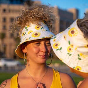 Sunflower Reversible Bucket Hat, Embroidered Bucket Hat with a Hole, Beach Hat for Curly Black Hair, Bucket Hat with Rubber, Model: Be Free