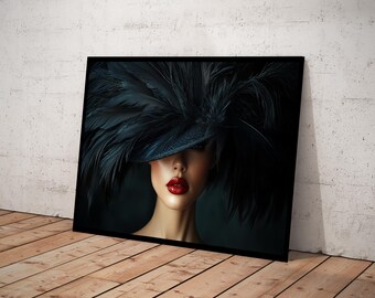 May include: A woman with red lipstick wears a large black feathered hat that covers most of her face. The hat is dark blue and has a wide brim. The background is dark green.