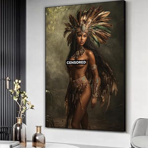 先住民女性のキャンバス、森の中の女性の部族の壁画、民族女性のアートワーク、自然の中での先住民女性のポスター、文化的な女性のファッションプリント