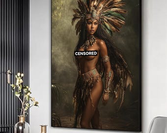 Indigenous woman canvas, Woman in forest tribal wall art, Ethnic woman artwork, Native woman in nature poster, Cultural woman fashion print
