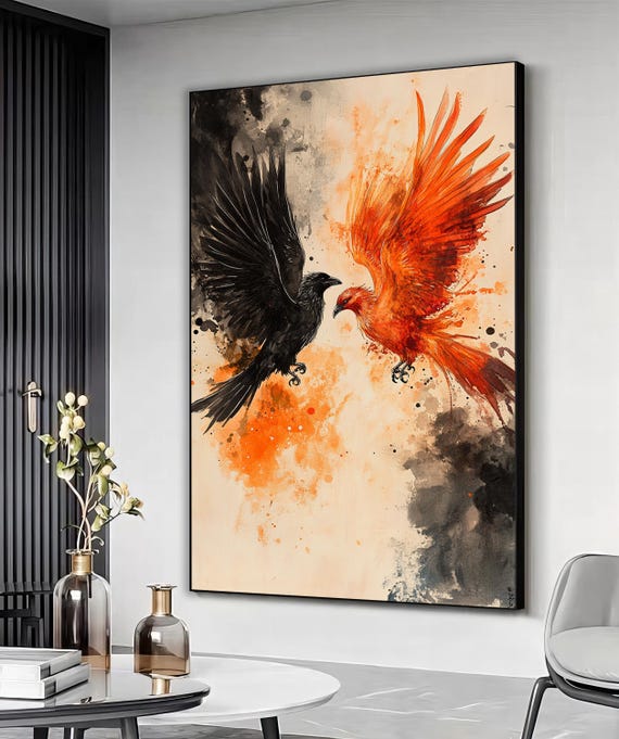 フェニックスとカラスの鳥のキャンバス壁装飾、モダンな鳥のイラスト