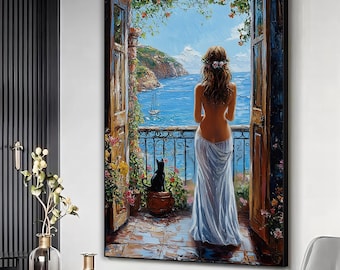 Woman beautiful landscape scenery canvas art print, Woman sea scenery wall art, Beautiful woman painting, Woman artwork, Woman poster