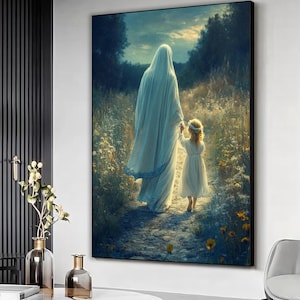 Virgen María de la mano con niña, lienzo cristiano impreso para pared, póster religioso de madre e hija, listo para colgar, lienzo para decoración del hogar.