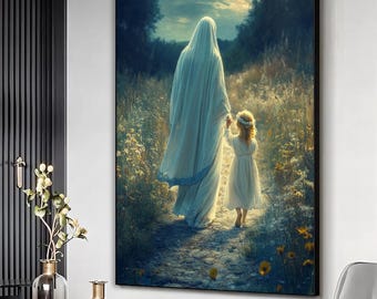 Könnte beinhalten: Ein gerahmter Kunstdruck zeigt eine Figur in einem fließenden weißen Gewand, die die Hand eines Kindes in einem weißen Kleid hält, das auf einem Pfad durch ein Feld mit Wildblumen geht. Das Kunstwerk hat eine weiche, ätherische Qualität.
