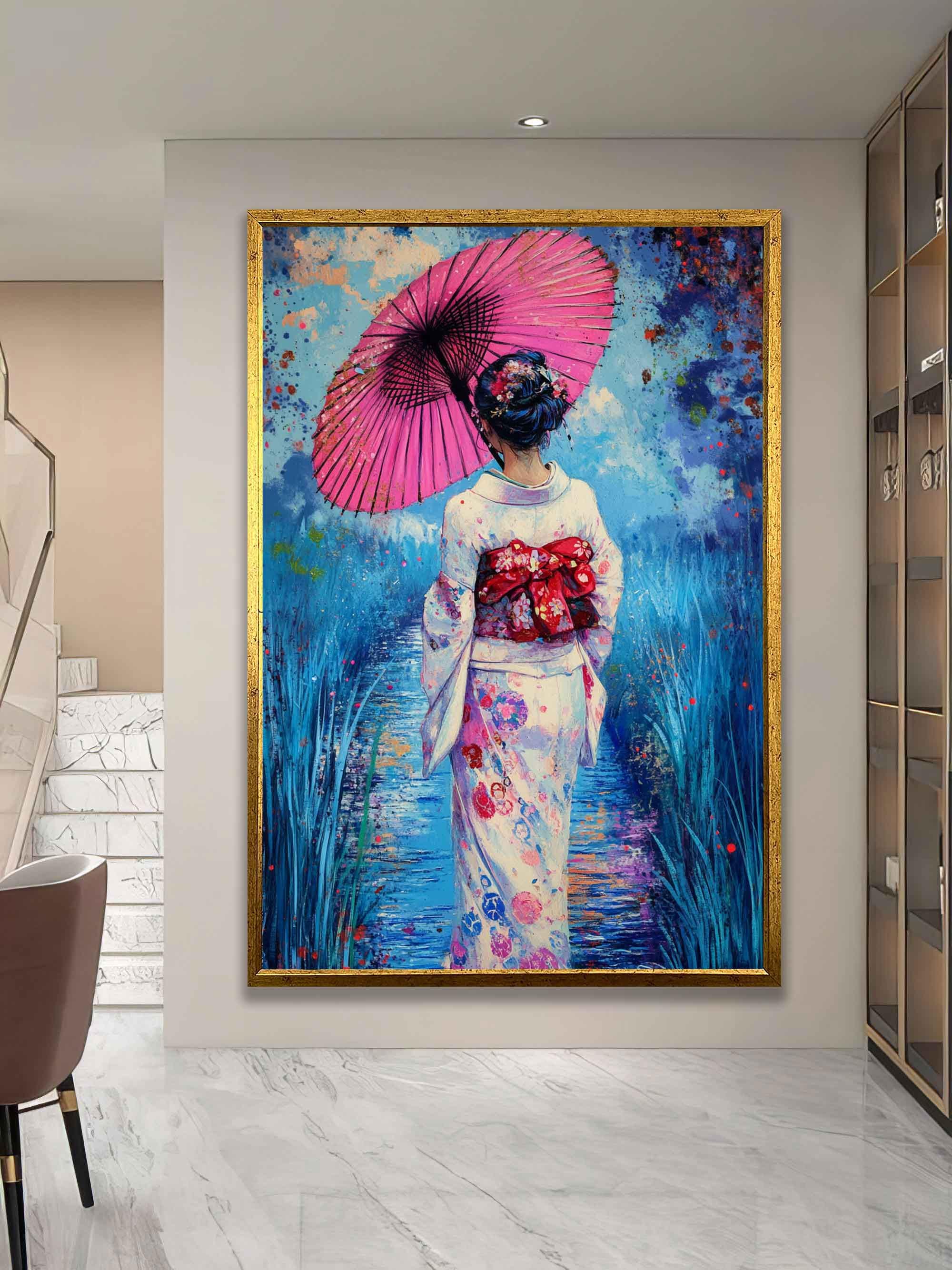 Geisha Holding an Umbrella Splatter Art Print, Geisha Wearing 