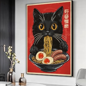 Japanese cat eating ramen poster art print, Japanese canvas print, Black cat art, Ramen wall art, Animal lover gift, Ready to hang