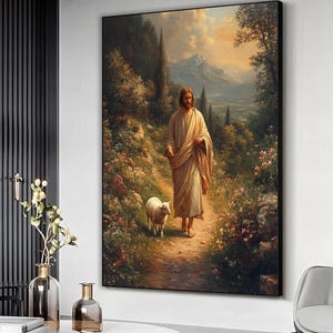 Jesús deja a los 99, Parábola de la oveja perdida, Arte mural de Jesús, El Buen Pastor, Pintura de Jesucristo, Arte mural de las Escrituras, Regalo cristiano