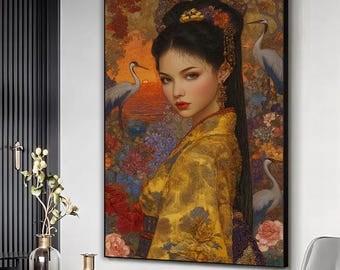 Canvas Japanse geisha: gebloemde kraanvogels, decor in Aziatische stijl