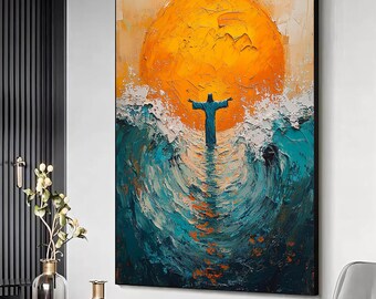 Canvas Print Jezus loopt op water, religieus schilderij, Jezus loopt op water schilderij, religieuze kunst aan de muur, klaar om op te hangen wanddecor
