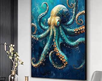 Octopus art print, Octopus canvas art, Octopus wall art, Blue octopus wall decor, Sea animal painting, Ocean art poster, Animal lover art
