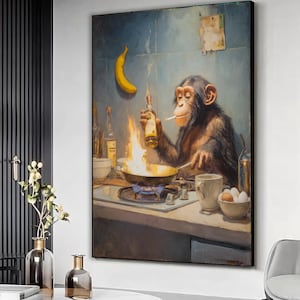 May include: A comical painting shows a chimpanzee cooking with a cigarette. The chimp holds a bottle over a pan of flames. A banana hangs on the wall, and eggs and a mug are nearby. The artwork has a vintage aesthetic, reminiscent of a classic pub scene.