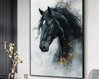 Black and gold horse canvas print, horse wall art, animal canvas , animal print, black horse canvas, black horse print, Ready to hang
