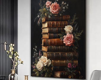 Póster de pila de libros y flores, arte de pared para rincón de lectura, regalo para amantes de los libros, impresión de pared con libro botánico, póster de pared enmarcado, regalo para el hogar