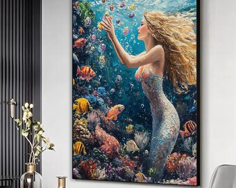 Stampa su tela raffigurante una sirena con barriera corallina, pittura a olio su tela raffigurante una sirena, arte murale raffigurante una sirena, stampa digitale raffigurante una sirena, splendida decorazione murale raffigurante una sirena