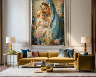 Mary holding baby jesus painting, Mother of jesus canvas, Mary art print, Jesus art print, Jesus wall art, Christianity art print
