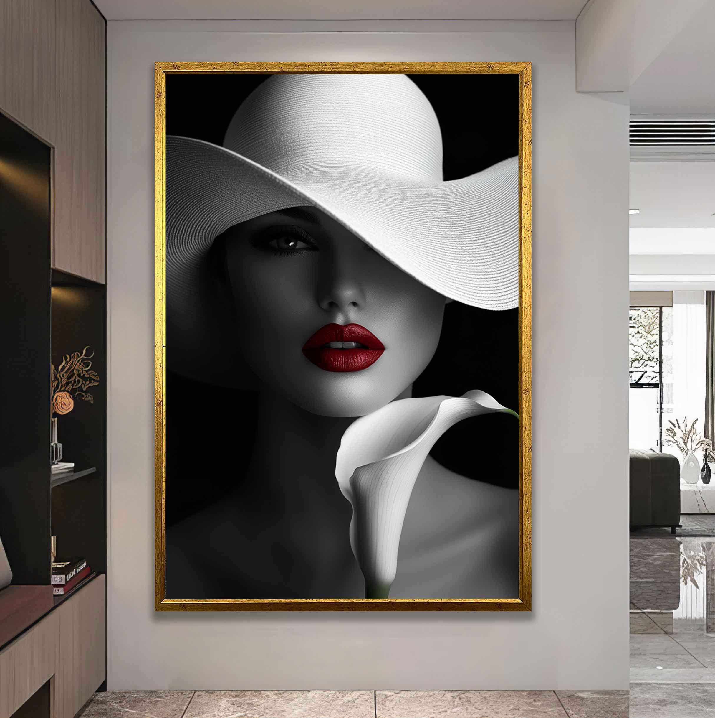 Woman Black and White Red Lips Art Canvas Print, Black and White ...