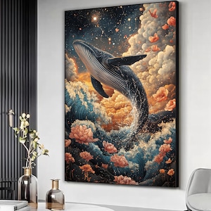 Whale jumping in water canvas, Big waves sea scenery art print, Whale flowers wall art, Vivid whale painting, Majestic whale canvas art