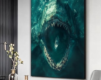Shark canvas art print, Shark attack poster, Massive shark wall art, Scary shark painting, Home wall decor, Ready to hang framed canvas