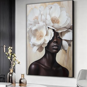 Black woman white flowers artwork, Black woman flowers painting, White flowers canvas, Surreal woman portrait, Ready to hang framed canvas
