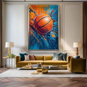 Colorful basketball canvas, Orange and blue paint splash basketball art, Framed basketball canvas print, basketball painting, Sports canvas