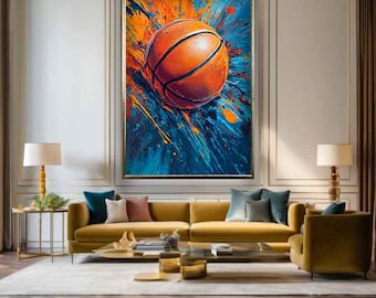 Colorful basketball canvas, Orange and blue paint splash basketball art, Framed basketball canvas print, basketball painting, Sports canvas