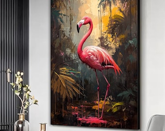 Flamingo in nature wall art, Flamingo poster, Flamingo painting, Flamingo canvas print, Home wall decor, Animal art home decor,Ready to hang