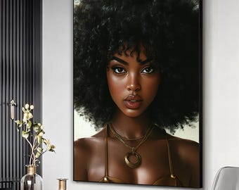 Afro schwarze Frau Kunstdruck, schwarze Frau Gold Halskette Kunstwerk, Afro Frau Wandkunst, Afrikanische Frau Wanddekor, Frau Zubehör Leinwand