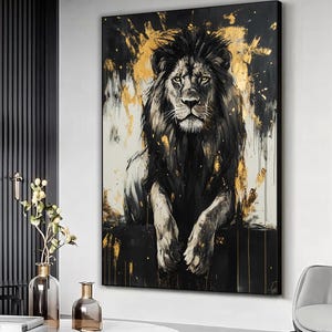 Impression d&#39;art lion or, oeuvre d&#39;art abstraite sur toile lion, peinture lion or, affiche lion or, toile encadrée animal, décoration murale, prêt à accrocher