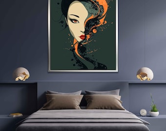 Abstracte Japanse vrouw kunstafdruk, Japanse muurkunst, modern Japans canvas, Japanse vrouw wanddecor, kleurrijke vrouw portret schilderij