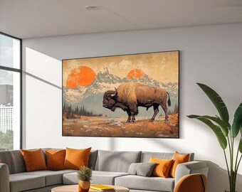 Stampa artistica di bufalo americano, stampa su tela di bisonte, arte murale di animali selvatici, dipinto di bufalo, arte murale di fattoria, decorazione murale per la casa, pronta da appendere