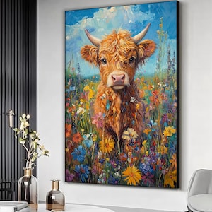 Highland baby cow wall art, Highland city cow canvas art print, Calf canvas, Flowers painting, Nature art, Highland animal art, Farm decor