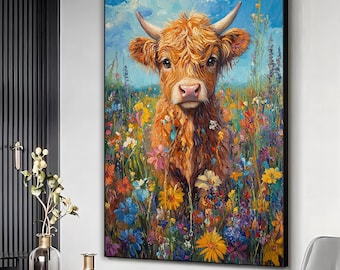 Highland baby cow wall art, Highland city cow canvas art print, Calf canvas, Flowers painting, Nature art, Highland animal art, Farm decor