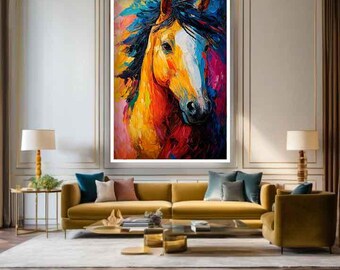 カラフルな馬の絵、茶色の馬の壁アート、カラフルな馬のキャンバス、馬