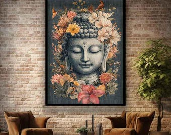Flowers buddha art print, Buddha flowers canvas art, Buddha painting, Buddha canvas, buddha wall decor, Religious canvas, Buddha wall art