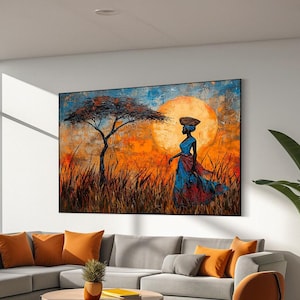 Afrikaanse traditionele vrouw landschap canvaskunst, kunst aan de muur Afrikaanse vrouw, Afrikaanse cultuur kunstwerken, muur hangen, klaar om op te hangen, abstracte kunst