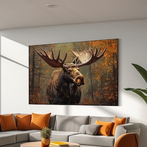Moose canvas print, Horns wall art, Moose Head animal art, Moose in forest wall art decor, Nature Wildlife print, Moose Lover gift