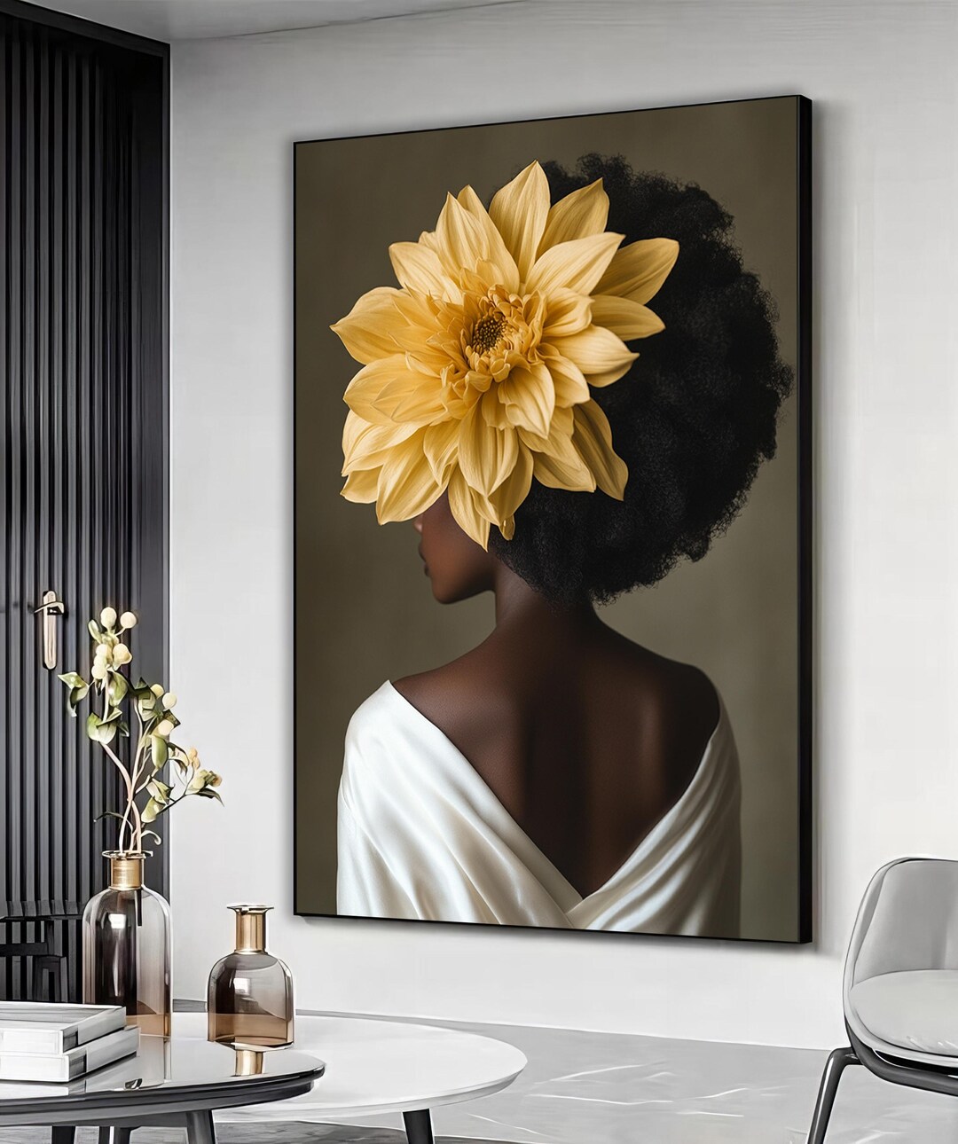 Black Woman Head Yellow Flower Wall Art, Girl Flowers Poster, Flower ...