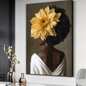 Black woman head yellow flower wall art, Girl Flowers Poster, flower woman poster, Black art, Black girl print, flower woman painting
