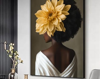 Zwarte vrouw hoofd gele bloem kunst aan de muur, meisje bloemen poster, bloemen vrouw poster, zwarte kunst, zwart meisje print, bloemen vrouw schilderij