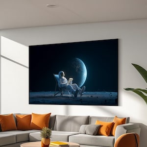 Astronaut reading book on moon, Surreal Astronaut Wall decor, Astronaut wall print, Moon Wall Art, Home wall decor, Ready to hang framed art
