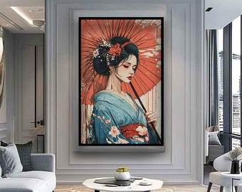 Woman umbrella japanese art, Woman wearing a kimono canvas, Woman umbrella art, Woman kimono painting, Woman art print, Woman wall art