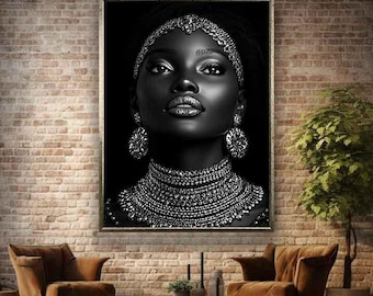 African woman accessories canvas print, Black and white african woman wall art, African woman earrings canvas, Woman canvas, woman art