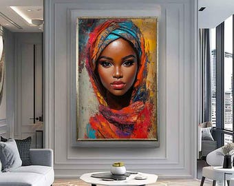 African woman canvas print, African woman wall art, Colorful african woman canvas, Black woman painting, African woman colorful hijab art