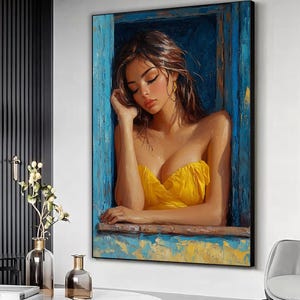 Hermosa mujer en arte de ventana, Arte de pared de mujer, Hermoso retrato de mujer, Impresión artística de mujer, Obra de arte de mujer, Vestido amarillo, Lienzo enmarcado