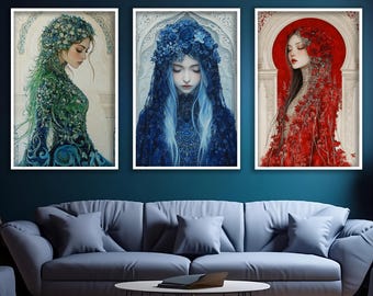 Woman ruby, sapphire and emerald colors set art, Set of 3 woman canvas print, Woman flowers wall art, Woman flowers painting,Woman art print