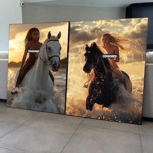 Woman riding a horse canvas print, Womans canvas set art, Black woman white horse poster, Woman black horse wall art, Home wall decor