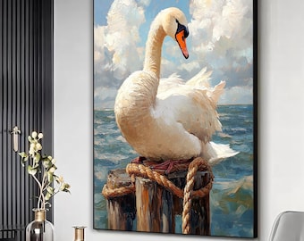 Väggkonst med vit svan som sitter på stång, kanvastavla med svan, svanmålning, konst med havslandskap, elegant svanposter, redo att hängas, väggdekor